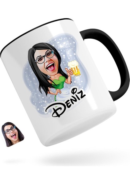 Kişiye Özel Kadın Karikatürlü Siyah Kupa Bardak-30