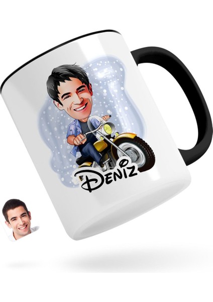 Kişiye Özel Erkek Motorcu Karikatürlü Siyah Kupa Bardak-1