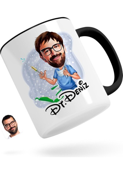 Kişiye Özel Erkek Diş Hekimi Karikatürlü Siyah Kupa Bardak-4