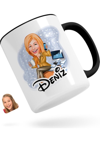 Kişiye Özel Kadın Muhasebeci Karikatürlü Siyah Kupa Bardak-1