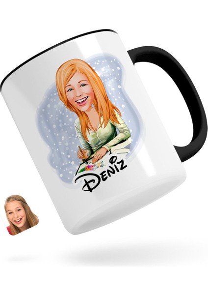 Kişiye Özel Kadın Grafik Tasarımcı Karikatürlü Siyah Kupa Bardak-1