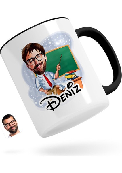 Kişiye Özel Erkek Öğretmen Karikatürlü Siyah Kupa Bardak-1