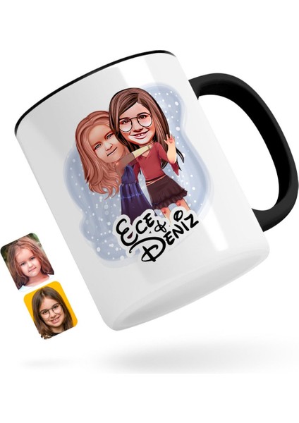 Kişiye Özel Kız Kardeşler Karikatürlü Siyah Kupa Bardak-6