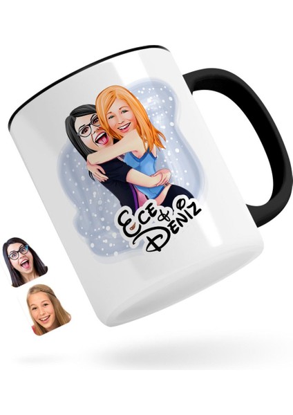 Kişiye Özel Kız Kardeşler Karikatürlü Siyah Kupa Bardak-10