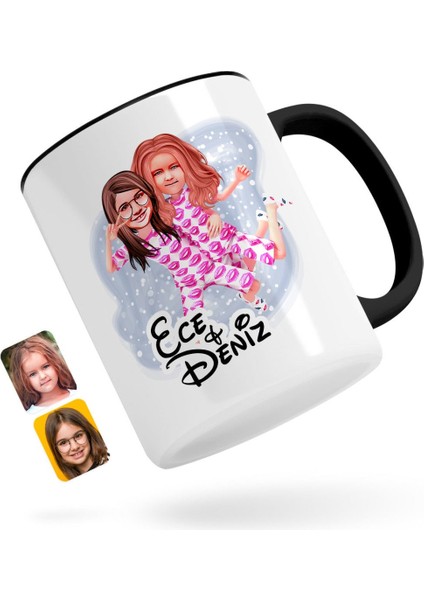 Kişiye Özel Kız Kardeşler Karikatürlü Siyah Kupa Bardak-1