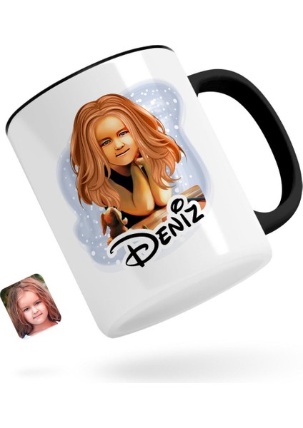 Kişiye Özel Soyut Kız Çocuk Karikatürlü Siyah Kupa Bardak-1