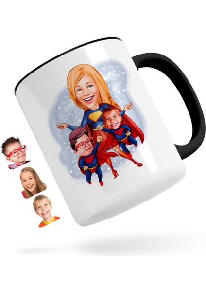 Kişiye Özel Süper Anne ve Çocuklar Karikatürlü Siyah Kupa Bardak