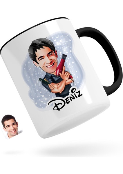 Kişiye Özel Erkek Kuaför Karikatürlü Siyah Kupa Bardak-1