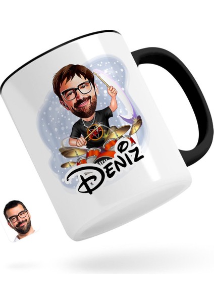 Kişiye Özel Erkek Baterist Karikatürlü Siyah Kupa Bardak