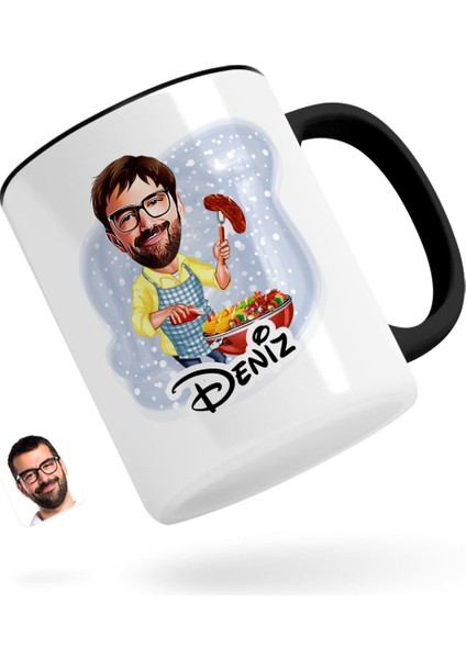 Kişiye Özel Erkek Mangalcı Karikatürlü Siyah Kupa Bardak-1