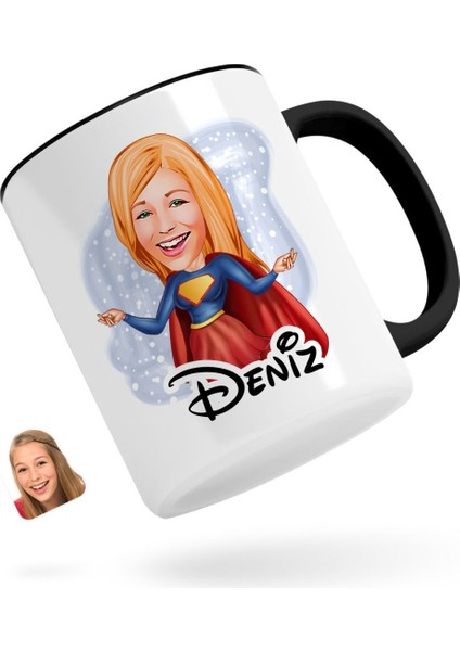 Kişiye Özel Süper Girl Karikatürlü Siyah Kupa Bardak