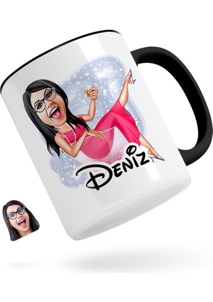 Kişiye Özel Kadın Patroniçe Karikatürlü Siyah Kupa Bardak-1