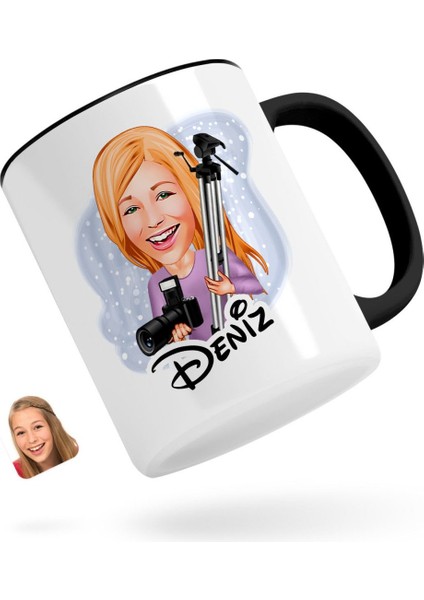 Kişiye Özel Kadın Profesyonel Fotoğrafçı Karikatürlü Siyah Kupa Bardak-1