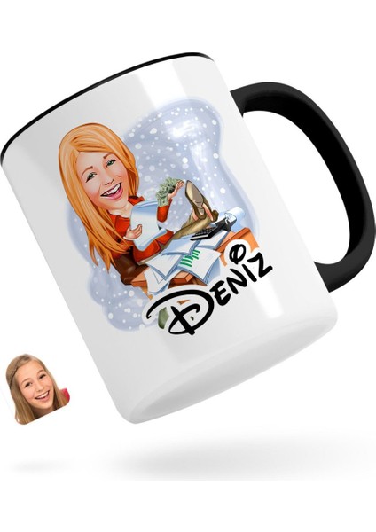 Kişiye Özel Kadın Patron Karikatürlü Siyah Kupa Bardak-6