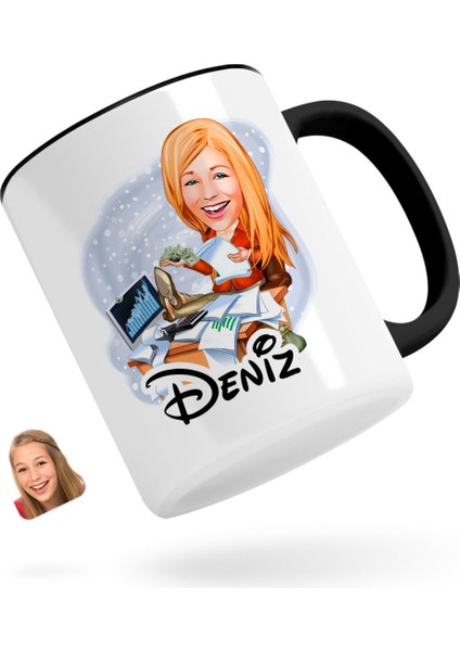 Kişiye Özel Kadın Bankacı Karikatürlü Siyah Kupa Bardak-1