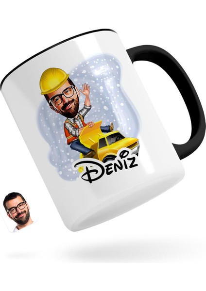 Kişiye Özel Erkek Yol Mühendisi Karikatürlü Siyah Kupa Bardak-1
