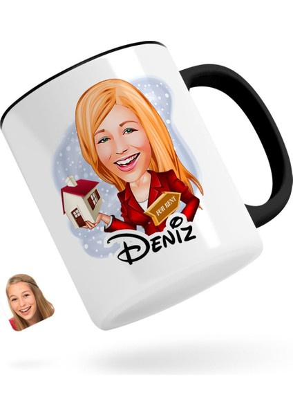 Kişiye Özel Kadın Emlakçı Karikatürlü Siyah Kupa Bardak-2