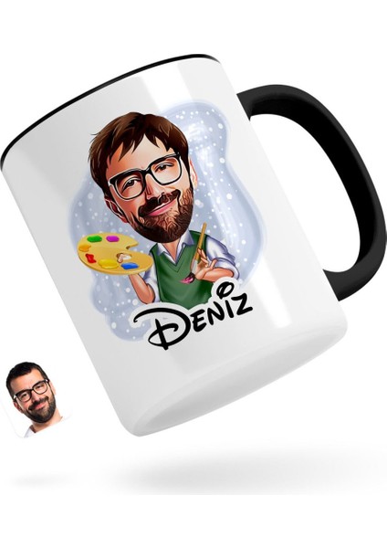 Kişiye Özel Erkek Ressam Karikatürlü Siyah Kupa Bardak-1