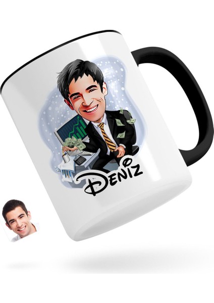 Kişiye Özel Erkek Bankacı Karikatürlü Siyah Kupa Bardak-3