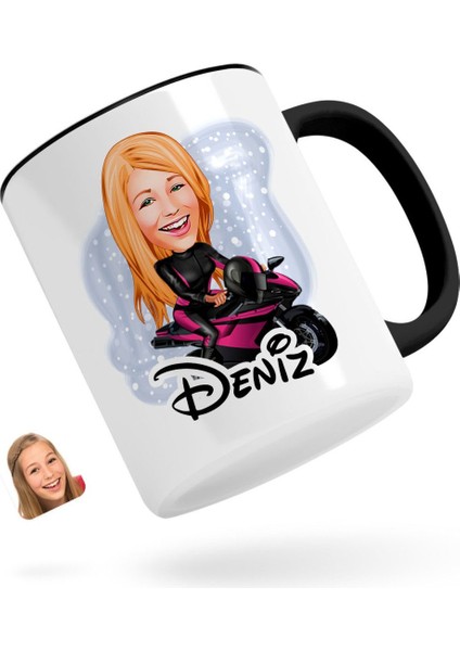 Kişiye Özel Kadın Motorcu Karikatürlü Siyah Kupa Bardak-1