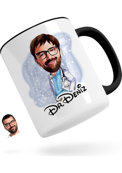 Kişiye Özel Erkek Doktor Karikatürlü Siyah Kupa Bardak-8