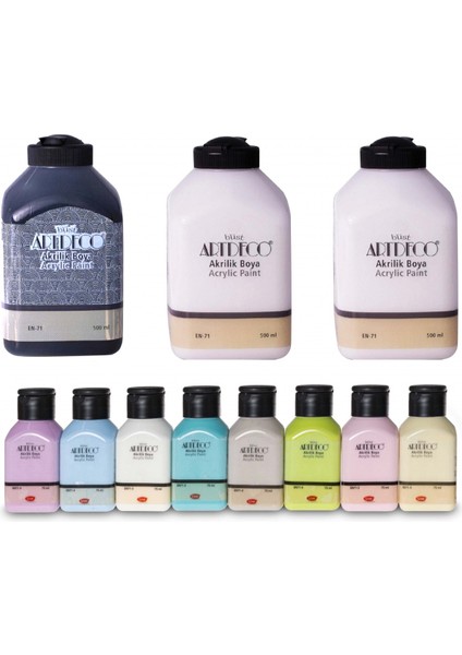 Akrilik Boya 8X75ML Pastel Smoky + Siyah 500ML + Beyaz 50