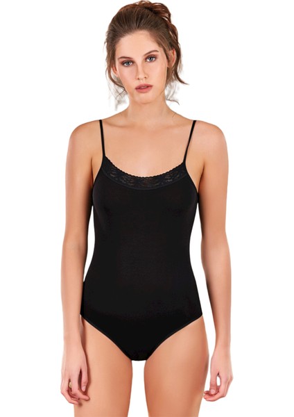 Kadın 2'li Pamuk Çıtçıtlı Ip Askılı Dantelli Body 2098 | Siyah