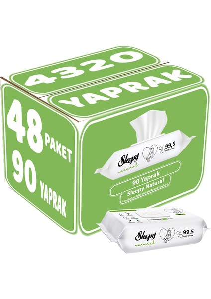 Islak Havlu Mendil 90 Yaprak Natural Yenidoğan 48 Li Set 4320 Yaprak Plastik Kapaklı