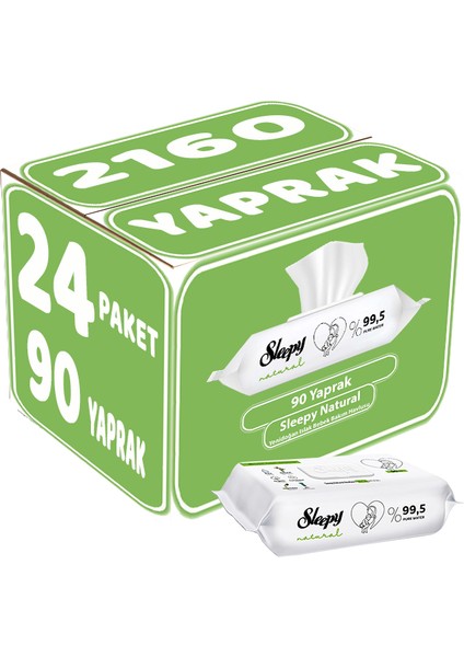 Islak Havlu Mendil 90 Yaprak Natural Yenidoğan 24 Lü Set 2160 Yaprak Plastik Kapaklı