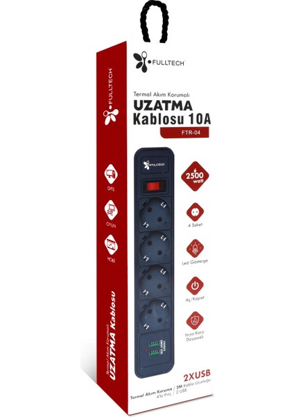 2 Metre 10 Amper Termal Akım Korumalı Usb'li 4 Prizli Uzatma Kablosu 2 Metre