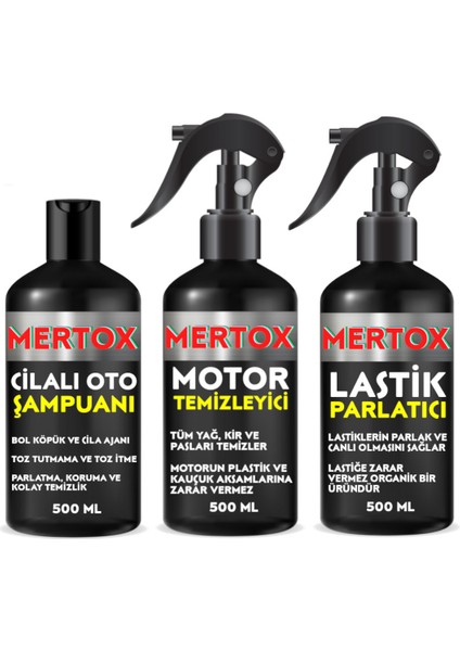 Otomobil Araç Araba Oto Temizlik Seti Ürünleri Oto Şampuanı+Motor+Lastik Parlatıcı 3X500ML Malzemeleri