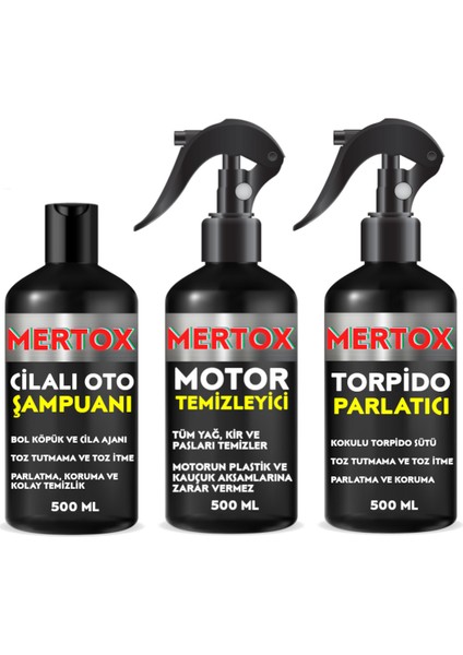 Otomobil Araç Araba Oto Temizlik Seti Ürünleri Oto Şampuanı+Motor+Torpido Parlatıcı 3X500ML Malzemeleri