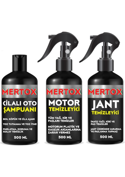 Otomobil Araç Araba Oto Temizlik Seti Ürünleri Oto Şampuanı+Motor+Jant Temizleyici 3X500ML Malzemeleri