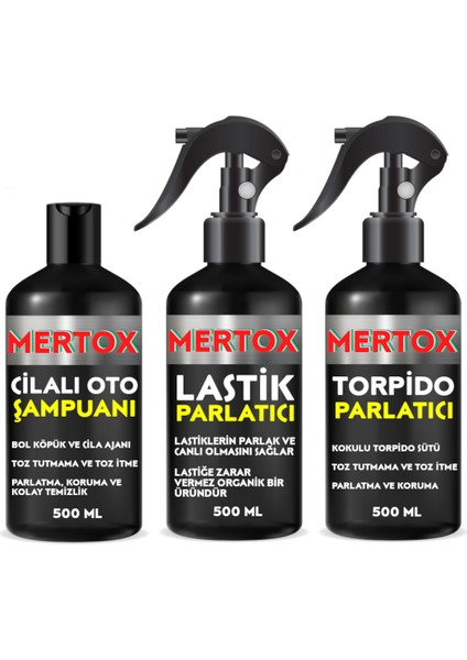 Otomobil Araç Araba Oto Temizlik Seti Ürünleri Oto Şampuanı+Lastik+Torpido Parlatıcı 3X500ML Malzemeleri