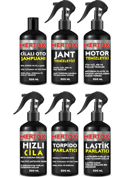 Otomobil Araç Araba Oto Temizlik Seti Oto Şampuanı+Jant-Motor Temizleyici+Hızlı Cila+Torpido+Lastik Parlatıcı 6X500ML