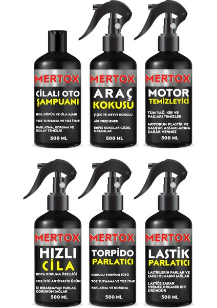 Otomobil Araç Araba Oto Temizlik Seti Oto Şampuanı+Araç Kokusu+Motor+Hızlı Cila+Torpido+Lastik 6X500ML