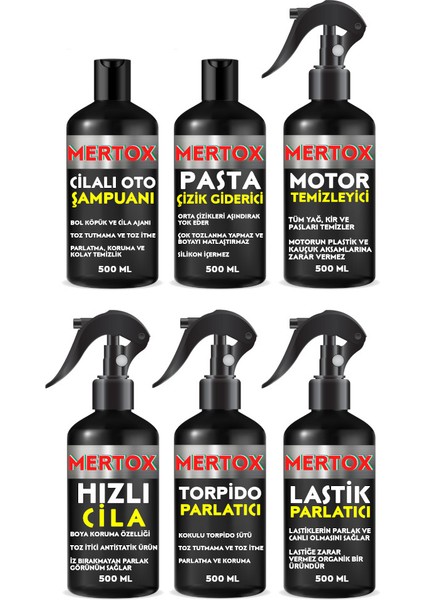 Otomobil Araç Araba Oto Temizlik Seti Oto Şampuanı+Pasta+Motor+Hızlı Cila+Torpido+Lastik 6X500ML