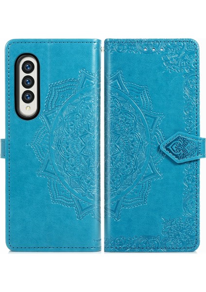 Samsung Galaxy Z Için Z Fold3 Mandala Çiçek Kabartmalı Yatay Flip Deri Kılıf Mavi (Yurt Dışından)