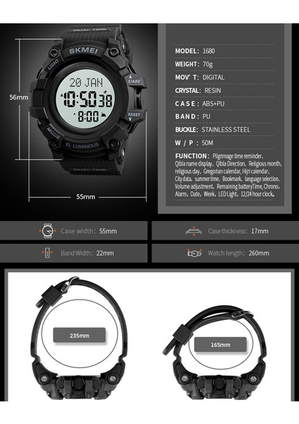 Kıble ve Ezan Göstergeli Alarmlı Dijital Saat - Mat Siyah (Yurt Dışından)