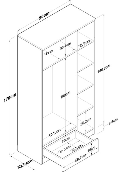 BA117 Gardırop Elbise Dolabı 3 Kapaklı 1 Çekmeceli 6 Raflı 1 Askılı Sepet Ceviz - Beyaz