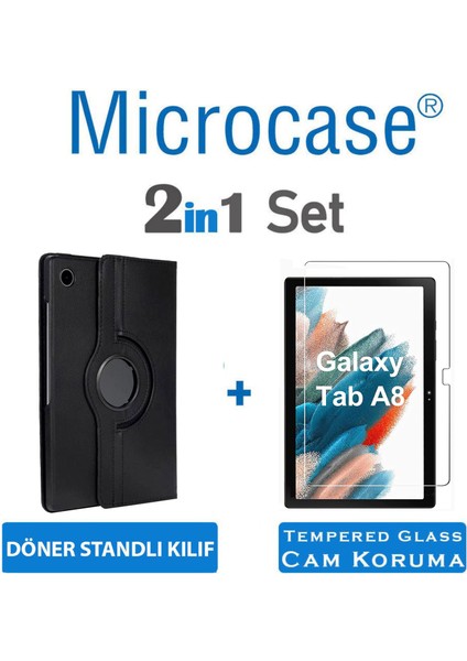 Samsung Galaxy Tab A8 10.5 Inch X200 360 Döner Standlı Kılıf + Tempered Glass Cam Koruma