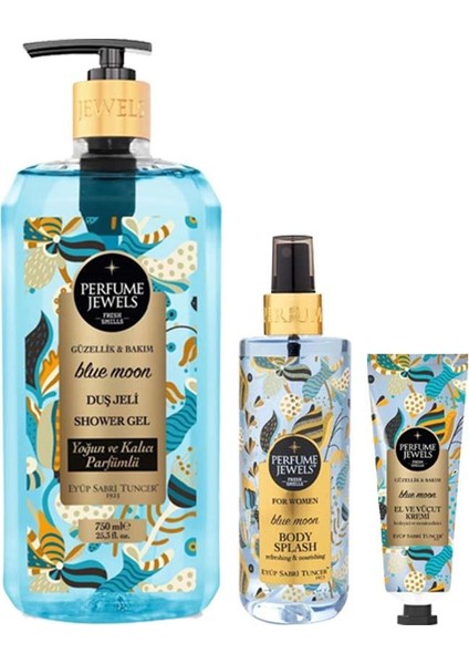 Blue Moon Duş Jeli 750 ml, Blue Moon Vücut Spreyi 250 ml, Perfume Jewels Blue Moon El ve Vücut Kremi 50 ml