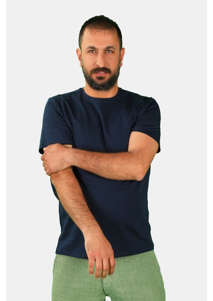 Erkek Bisiklet Yaka Kısa Kollu Tişört Lacivert