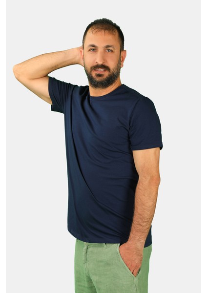 Erkek Bisiklet Yaka Kısa Kollu Tişört Lacivert