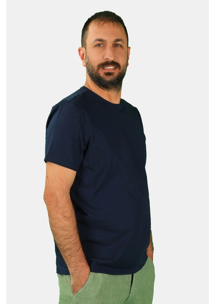 Erkek Bisiklet Yaka Kısa Kollu Tişört Lacivert