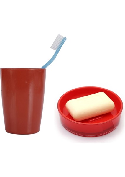 Diş Fırçalık,Sabunluk 2 Li Banyo Seti,Kırmızı Renkli