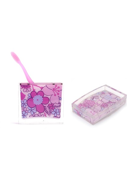 Diş Fırçalık,Sabunluk 2 Li Banyo Seti,Pembe Çiçekli Akrilik modelleri