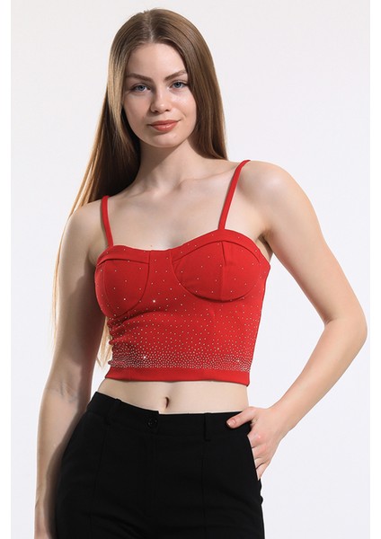 Taş Detaylı Scuba Krep Abiye Büstiyer BUS33438TS Kırmızı
