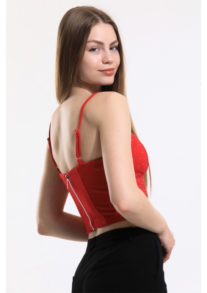 Taş Detaylı Scuba Krep Abiye Büstiyer BUS33438TS Kırmızı modelleri