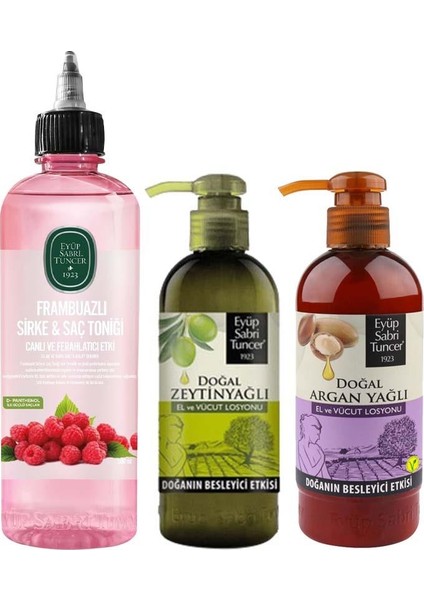 Frambuazlı Sirke & Saç Toniği 500 ml, Zeytinyağlı Vücut Losyonu ve Argan Yağlı Vücut Losyonu